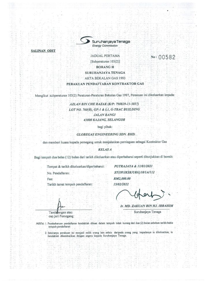 Our Licence GLOBEGAS LPG Malaysia Contractor BHP Authorized Gas